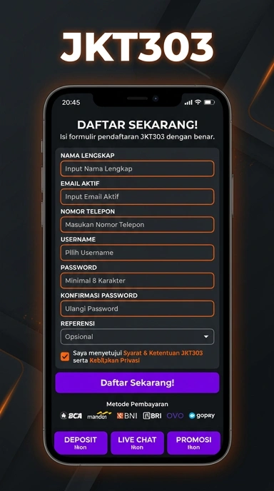 Tampilan halaman daftar jkt303